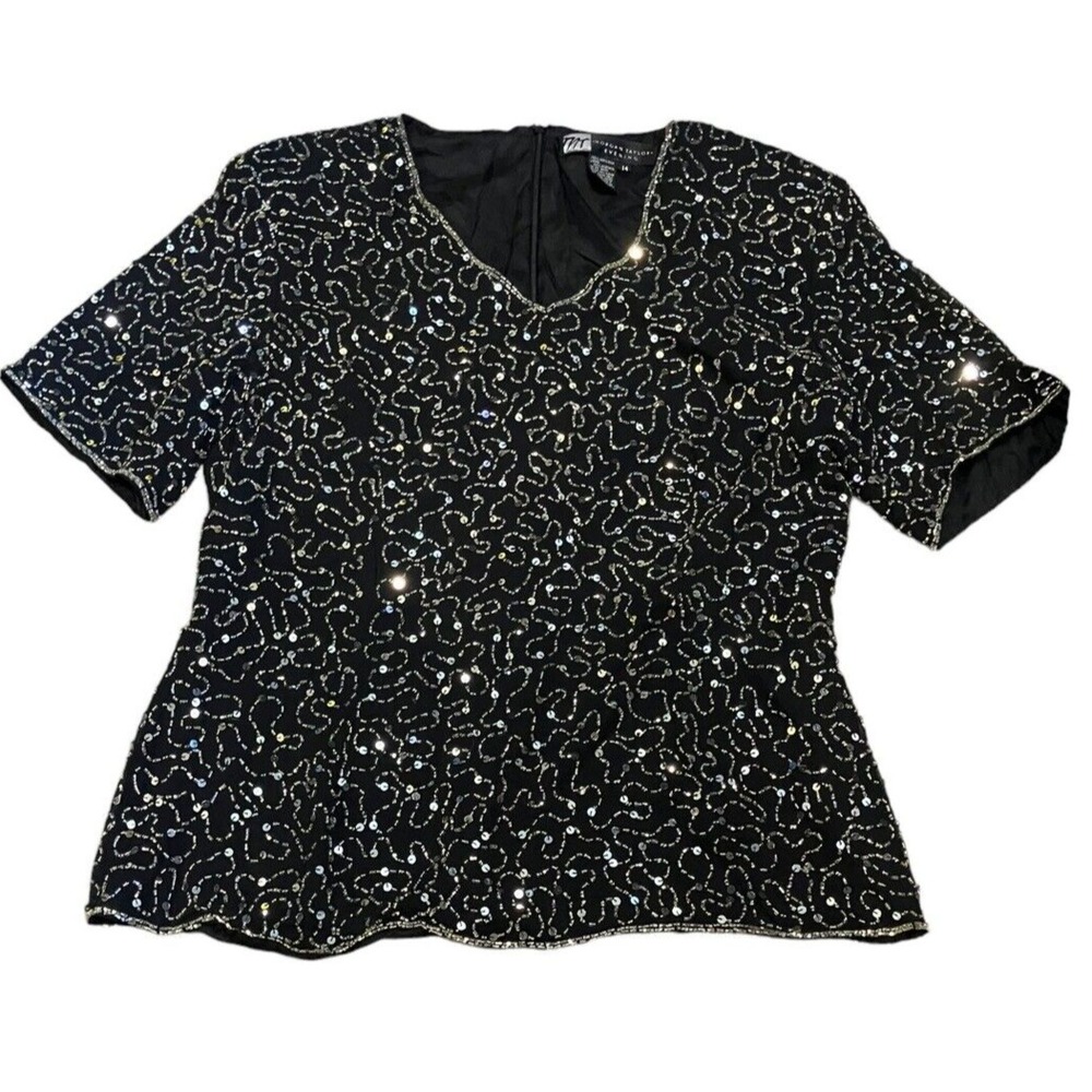 Vintage Morgan Taylor Sequins Tunic Evening Size 14 Beaded Party 100% Silk Top